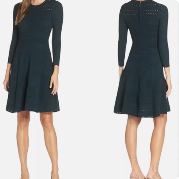 NWT Eliza J Green Fit & Flare Knit Sweater Dress, Size Small - Picture 1 of 16